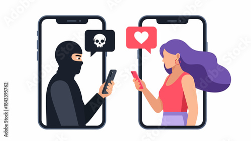 A man in a balaclava with a skull icon and a woman with a heart icon interacting on smartphones, depicting online deception or cybercrime.