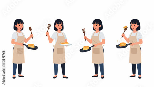 A woman in an apron cooking and serving pancakes or omelets in a frying pan with a spatula, depicted in four stages.
