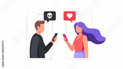 Man and woman communicating on smartphones with contrasting skull and heart emojis.