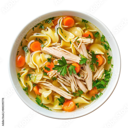 Overhead Shot Of Chicken Noodle Soup In White Bowl On Transparent Background