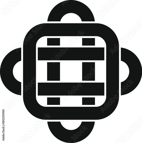 Black backpack with handles and horizontal stripes, schoolbag icon in simple style isolated on white background