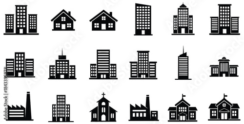 Collection of black silhouette icons representing various types of urban and residential buildings for design projects