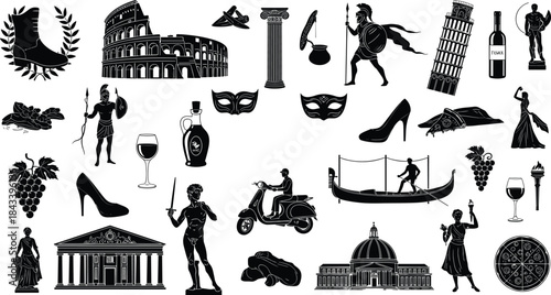 Diverse Italian Culture and Landmark Silhouettes Vector Set, Rome Colosseum, Leaning Tower of Pisa, Gondola, Roman Soldier, Food and Wine Icons for Travel and Heritage Graphics
