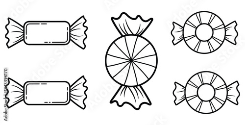 Set of five black and white outline icons representing various wrapped candies for coloring or design use