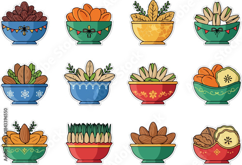 Collection of Bowls with Assorted Nuts and Dried Fruits Icons