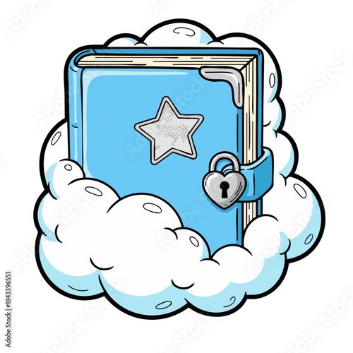 Blue Diary with Star and Heart Lock Surrounded by Clouds.