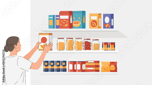 Woman restocking a grocery store shelf with various food products in colorful packaging against a white background.
