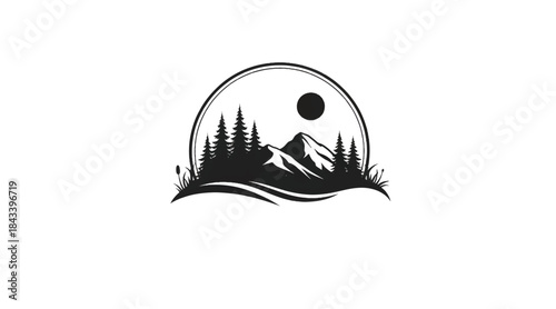 Mountain and Pine Forest Landscape Circle Logo Silhouette - Outdoor Adventure, Peak, and Nature Emblem Vector Isolated on White Background for Brand Identity and Camping