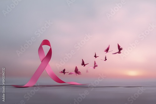 Pink ribbon and butterflies fly towards hope.