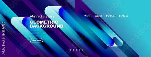 Modern website header design. Vibrant blue gradients, geometric shapes, text elements, navigation menu present. Clean, stylish presentation.