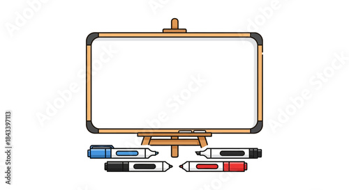 blank whiteboard on wooden easel with colorful markers clean minimal illustration for classroom teaching business training or planning