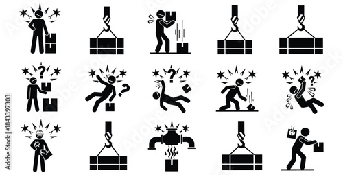 Collection of black and white stick figure icons illustrating various workplace safety hazards and manual handling risks