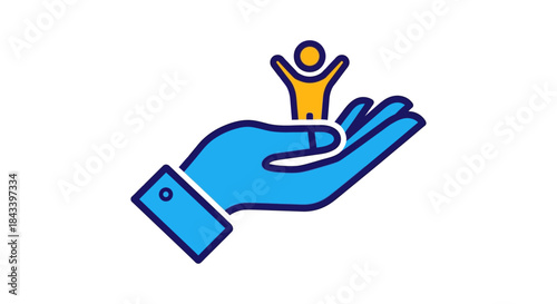 child protection support icon with blue helping hand holding happy person symbol flat charity illustration for social care and welfare services
