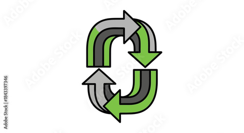 circular recycling arrows icon in green and gray simple flat looped arrow illustration on white background for sustainability and eco packaging