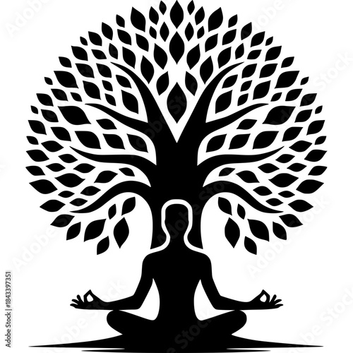 Yoga woman silhouette in tree pose vector illustration