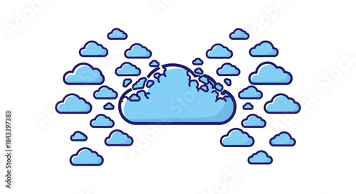 cloud computing network icon of central data storage surrounded by multiple distributed clouds concept for saas backup and digital sync