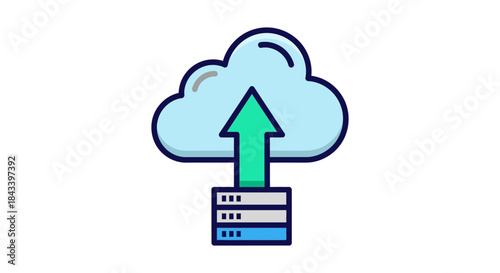 cloud data upload icon showing arrow from server to storage cloud flat minimal illustration for backup hosting and saas apps
