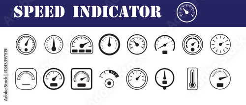 Speed indicator collection of speedometer dial gauge icons for dashboard and measurement applications flat design