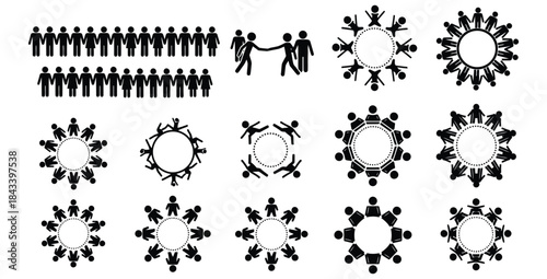 Collection of diverse black and white stick figure icons representing teamwork community and human connection