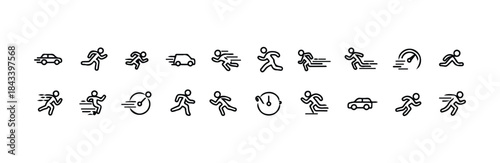 Collection of motion and speed related line icons featuring runner car stopwatch rocket and performance indicators