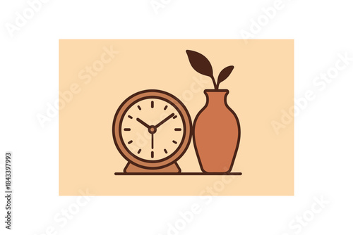 Flat vector illustration of minimal table clock and vase soft rounded silhouette clean outline warm home decor style
