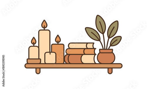 Flat vector illustration of shelf with candles books and plant soft rounded forms clean outline warm home decor style