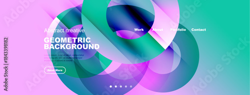 Vibrant abstract design. Overlapping shapes create dynamic geometric background. Text elements present work, about, portfolio, contact options.