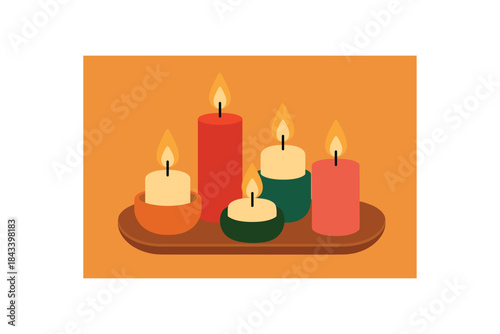 Flat vector illustration of colorful decorative candle set on tray with vivid holders rounded forms minimal details