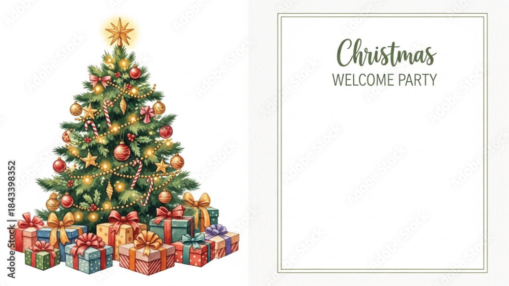 Naklejka premium Watercolor Christmas Tree with Gifts and Christmas Welcome Party Invitation Card Design
