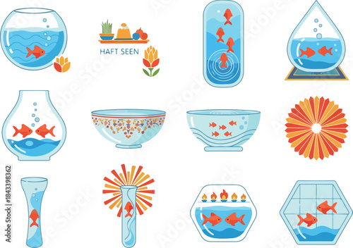Vibrant Vector Icons of Goldfish in Bowls Aquatic Collection