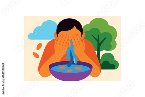 Flat vector illustration of colorful breathing exercise scene with bold air flow lines blending into tree canopy rounded shapes clean flaFlat vector illustration of bright hands washing