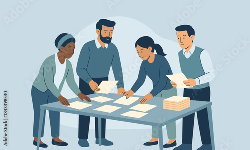 Group of colleagues standing around a table and reviewing printed sheets during a work discussion. Calm business illustration focused on coordination, analysis, and shared decision-making.