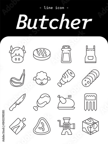 Butcher thin line icon set. Meat shop, fresh cuts, food service outline icons.