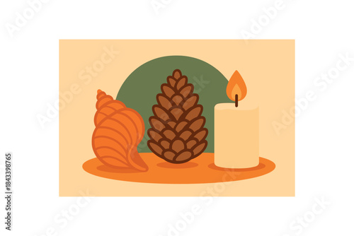 Flat vector illustration of bright minimalist altar with vivid pinecone and candle rounded shapes nature mindfulness objects