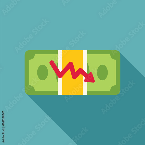 Banknote with decreasing graph arrow showing financial crisis, recession and inflation