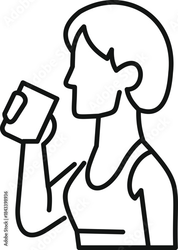 Line drawing of a woman drinking protein shake after workout, promoting fitness and healthy lifestyle