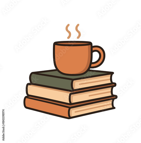 Flat vector illustration of stack of books and mug soft rounded forms clean outline warm home decor style