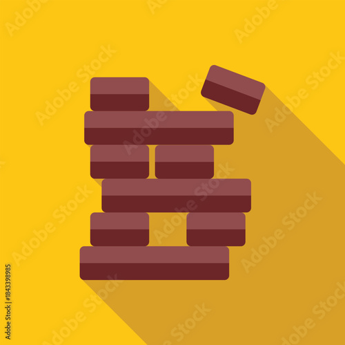 Wooden block game falling on a yellow background with long shadow, ideal for websites, apps or presentations