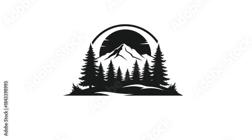 Evergreen Forest and Mountain Peak Retro Logo Silhouette - Camping, Adventure, and Environmental Emblem Vector Isolated on White for Outdoor Apparel and Brand Design