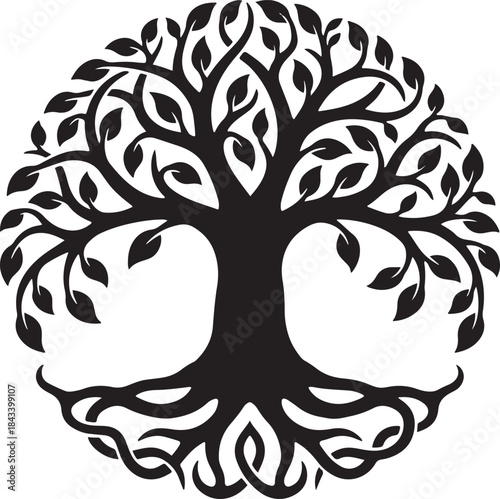 black silhouette of tree of life on white background, vector
