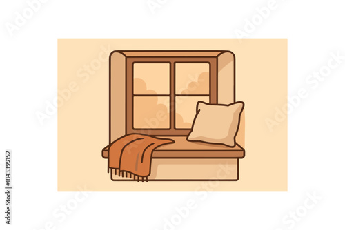Flat vector illustration of cozy window with pillow soft rounded forms clean outline warm home decor style