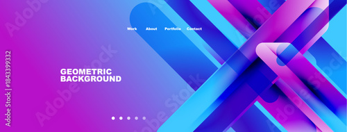 Abstract geometric background. Vibrant colors, layered shapes, navigation menu present. Modern design, clean aesthetic.