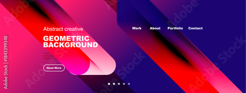 Vibrant abstract design. Geometric shapes blend with gradients. Website header features navigation options, text, button. Modern aesthetic.