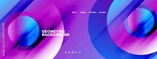 Abstract geometric background. Vibrant purple, blue hues create modern design. Navigation links present top right corner. Dots indicate sections.