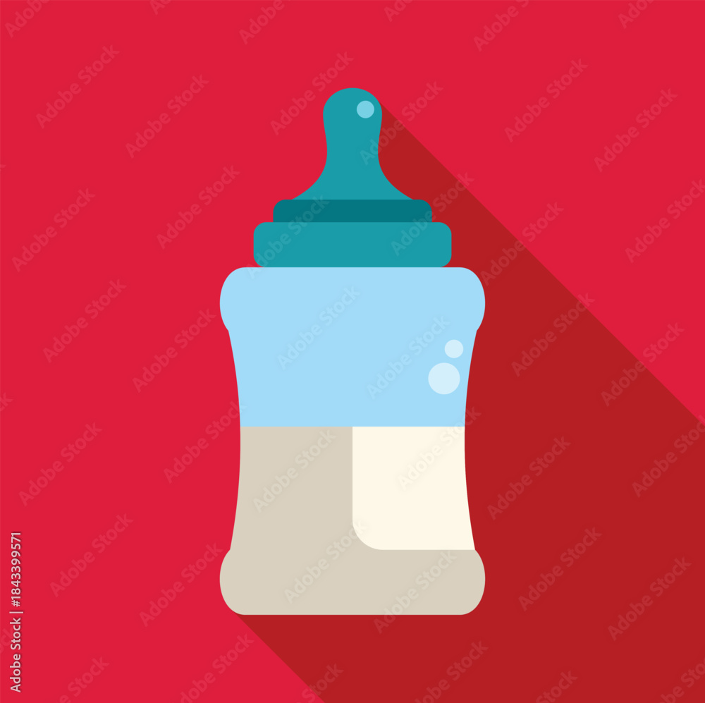 Obraz premium Baby bottle full of milk with blue nipple over a red background, ideal for childcare and nutrition themes
