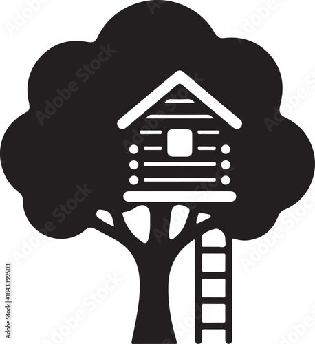 black silhouette of treehouse minimal on white background, vector.