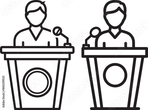 Two people speaking at podiums debate silhouette