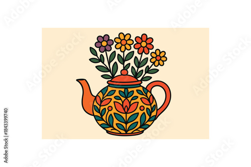 Flat vector illustration of colorful ceramic teapot used as flower vase vivid pattern rounded shape clean outline