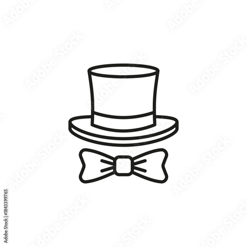 Top hat outline icon with bow tie. Cylinder hat. Vector line art illustration and drawing on a white background.