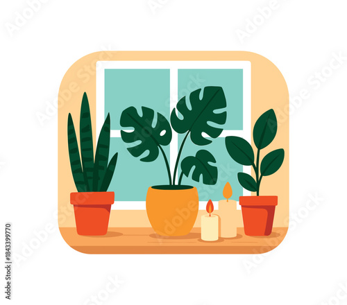 Flat vector illustration of bright window sill with bold decor plants and candles rounded silhouette minimal details